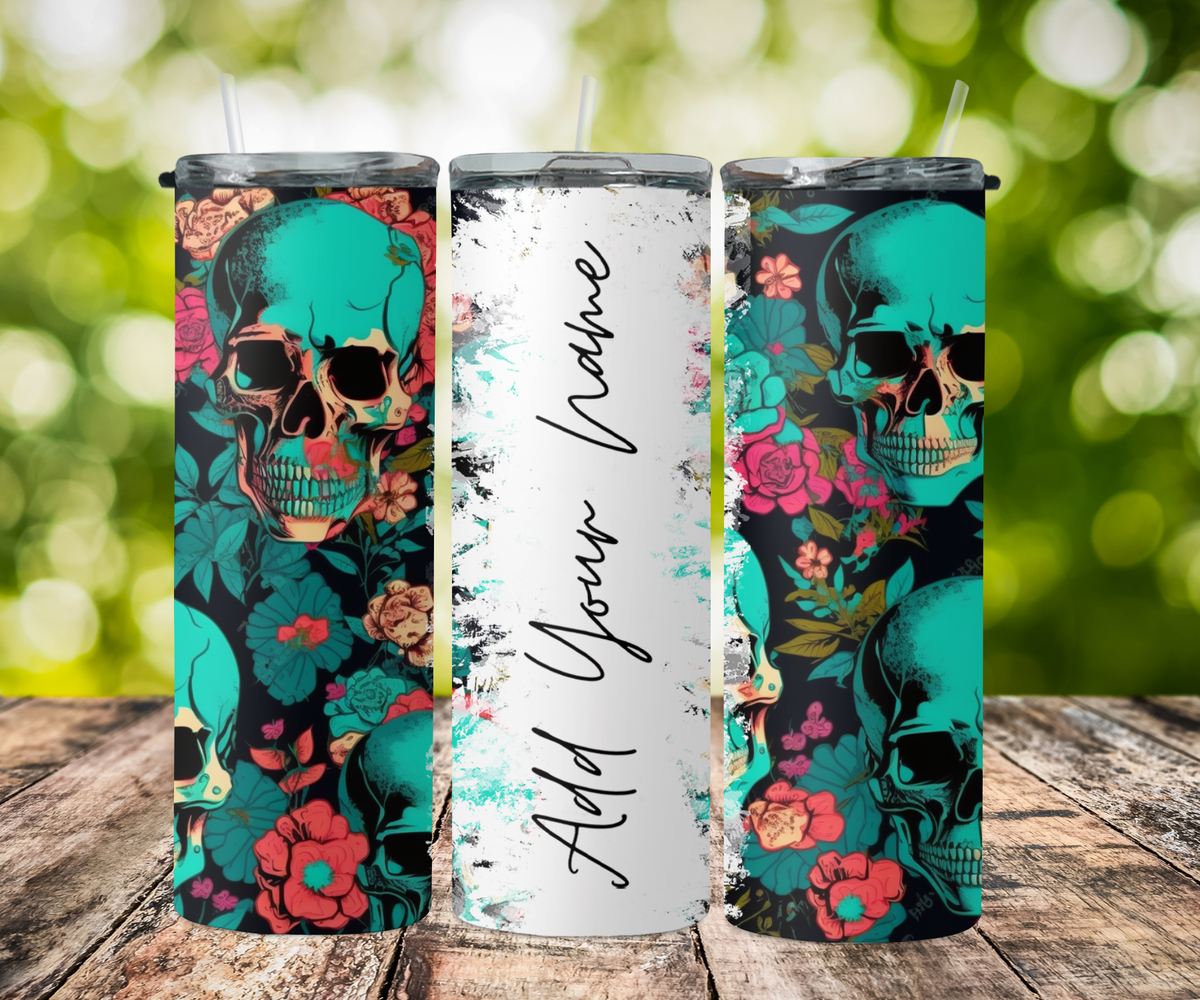 seamless split name- florescent skull with flowers 2Face Graphics