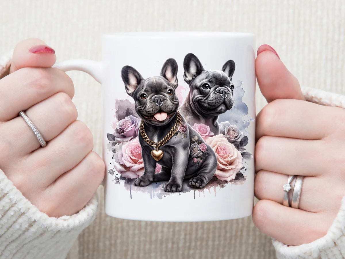 2 Frenchie's with roses 11 oz Mug 2Face Graphics