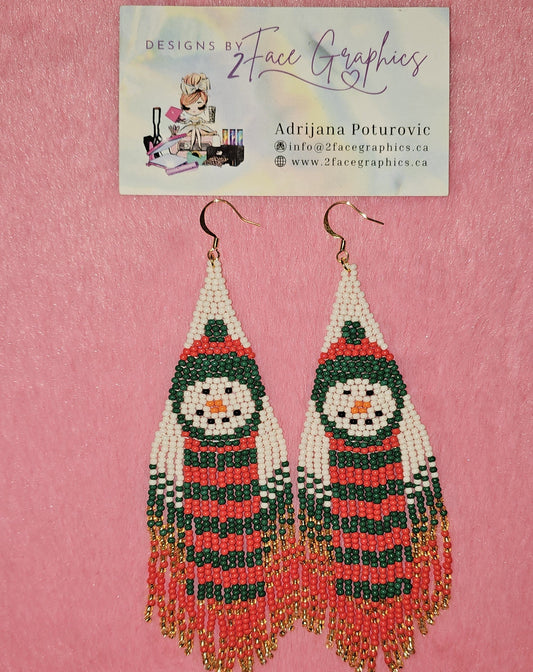24K Gold Red Snowman Fringe Earrings 2Face Graphics