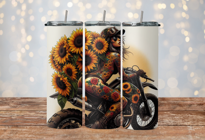 Tattoo girl riding motorcycle with sunflowers 2Face Graphics