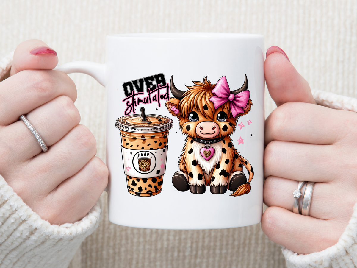 Over Stimulated Highland Cow 11 oz Mug 2Face Graphics