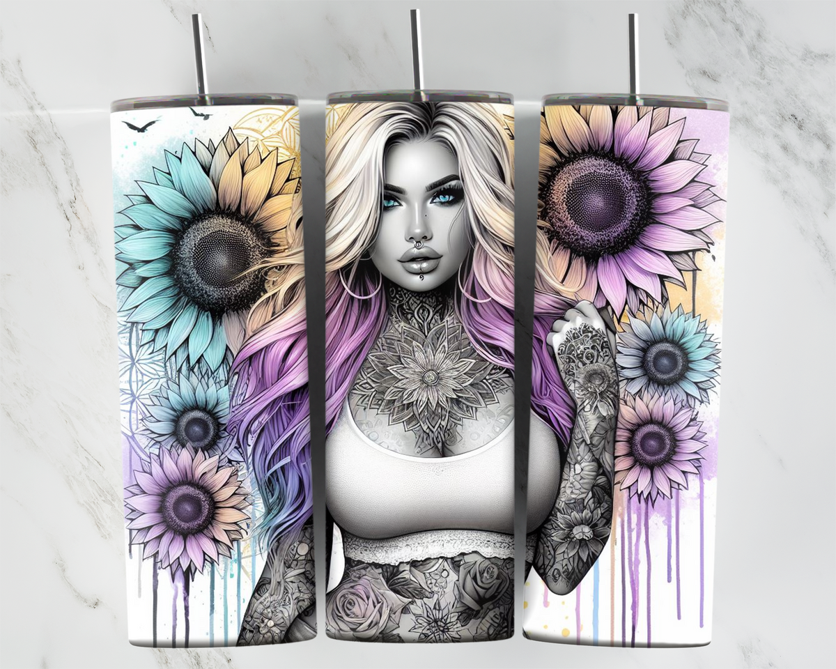 Tattoo Babe  With Pastel Sunflowers 2Face Graphics