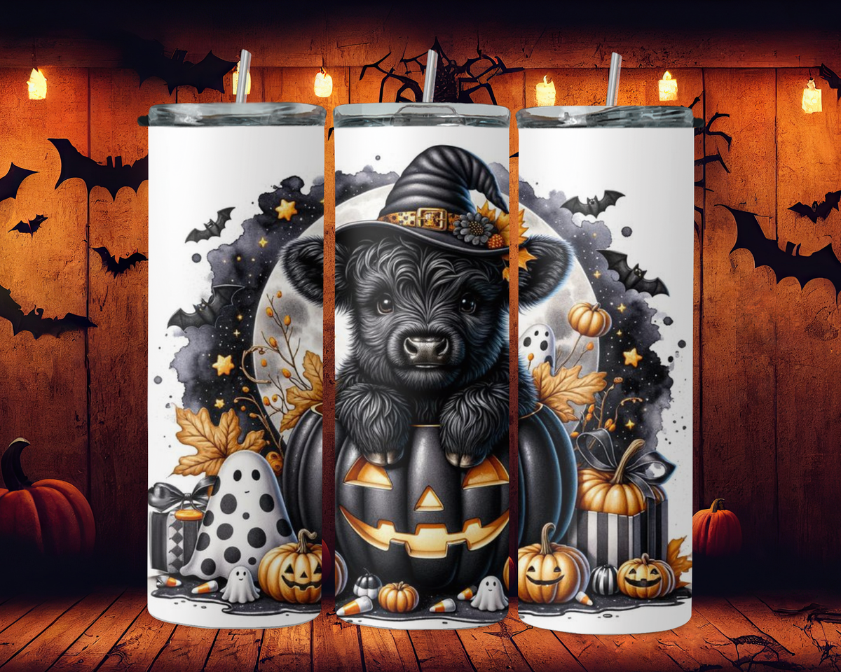 Black highland cow with cat and pumpkin 2Face Graphics