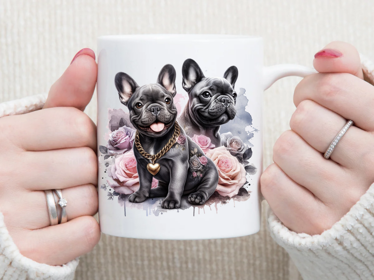 2 Frenchie's with roses 11 oz Mug 2Face Graphics