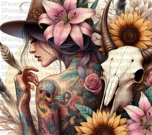 Boho style girl with feathers and bull skull WRAP 2Face Graphics
