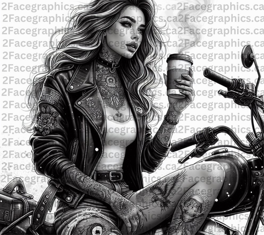 BW girl drinking coffee on motorcycle WRAP 2Face Graphics