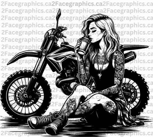 BW girl drinking coffee next to dirt bike WRAP (Copy) 2Face Graphics