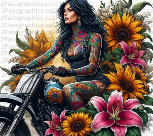 Girl with tattoo riding dirt bike with sunflowers WRAP 2Face Graphics