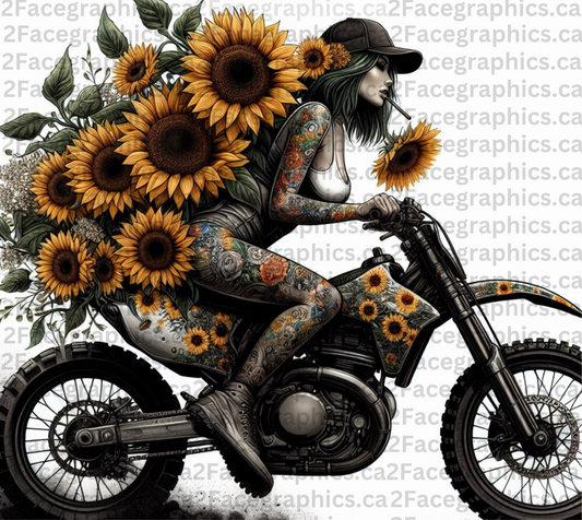 Girl with tattoo riding dirt bike with sunflowers on her back WRAP 2Face Graphics