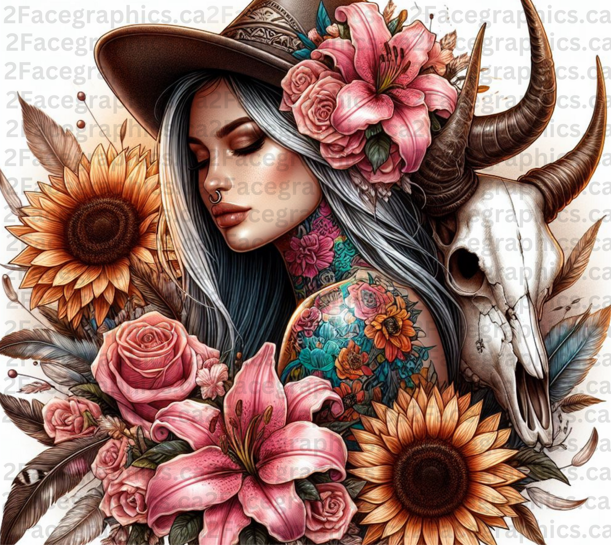 Boho style girl with lilies and bull skull WRAP 2Face Graphics