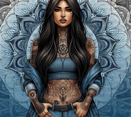 blue mandala with dark brown hair WRAP 2Face Graphics
