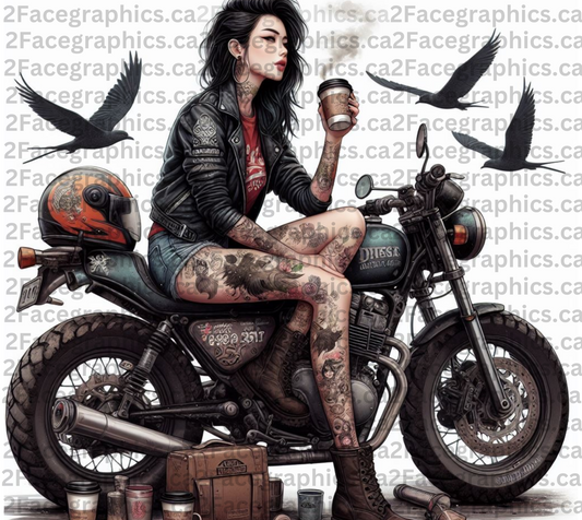 Girl drinking coffee on her motorcyle WRAP 2Face Graphics