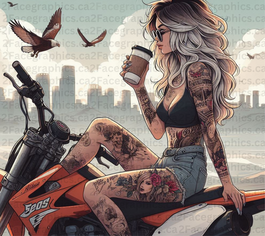 Girl drinking coffee on motorcycle city WRAP 2Face Graphics