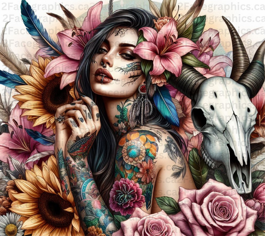 Boho style girl with skulls lilies and colorful feathers 2Face Graphics