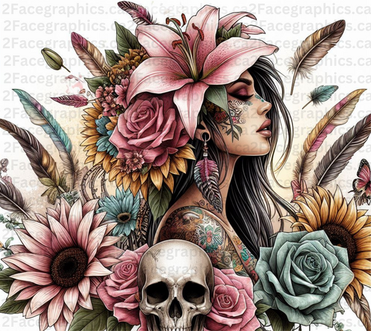 Boho style girl with lilies on her head and feathers WRAP 2Face Graphics