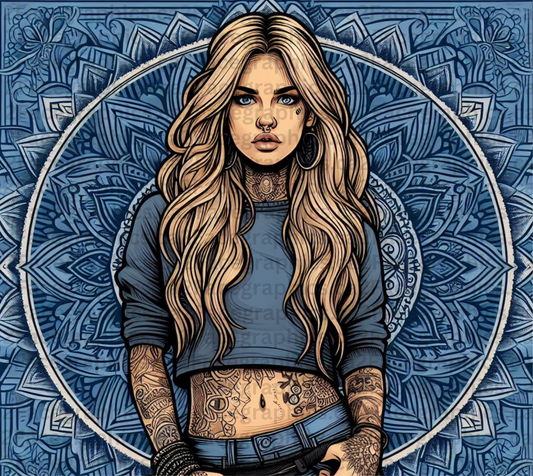 blue mandala with dark bleach dirty blonde hair tattoo WRAP 2Face Graphics