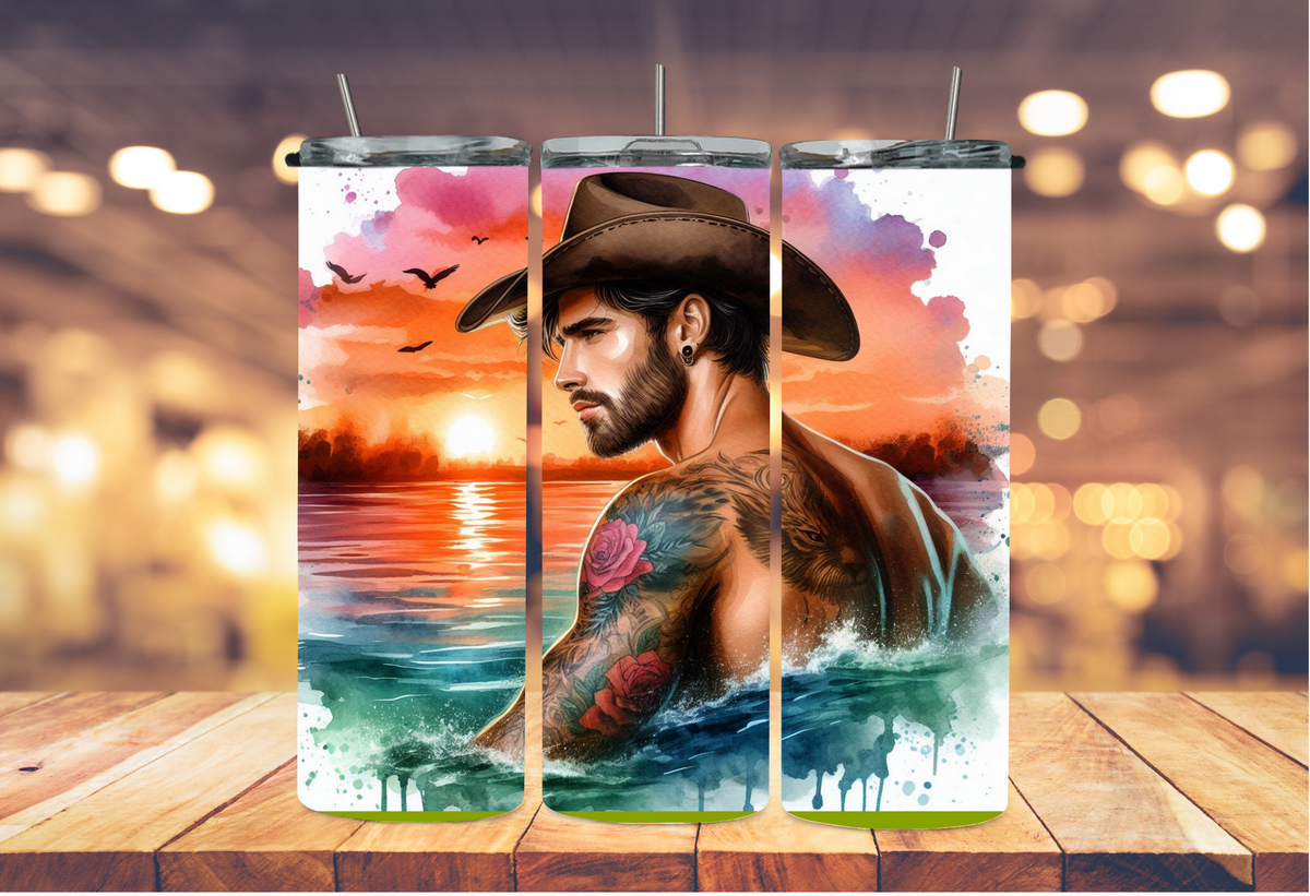 cowboy enjoying sunrise  in the waves 2Face Graphics