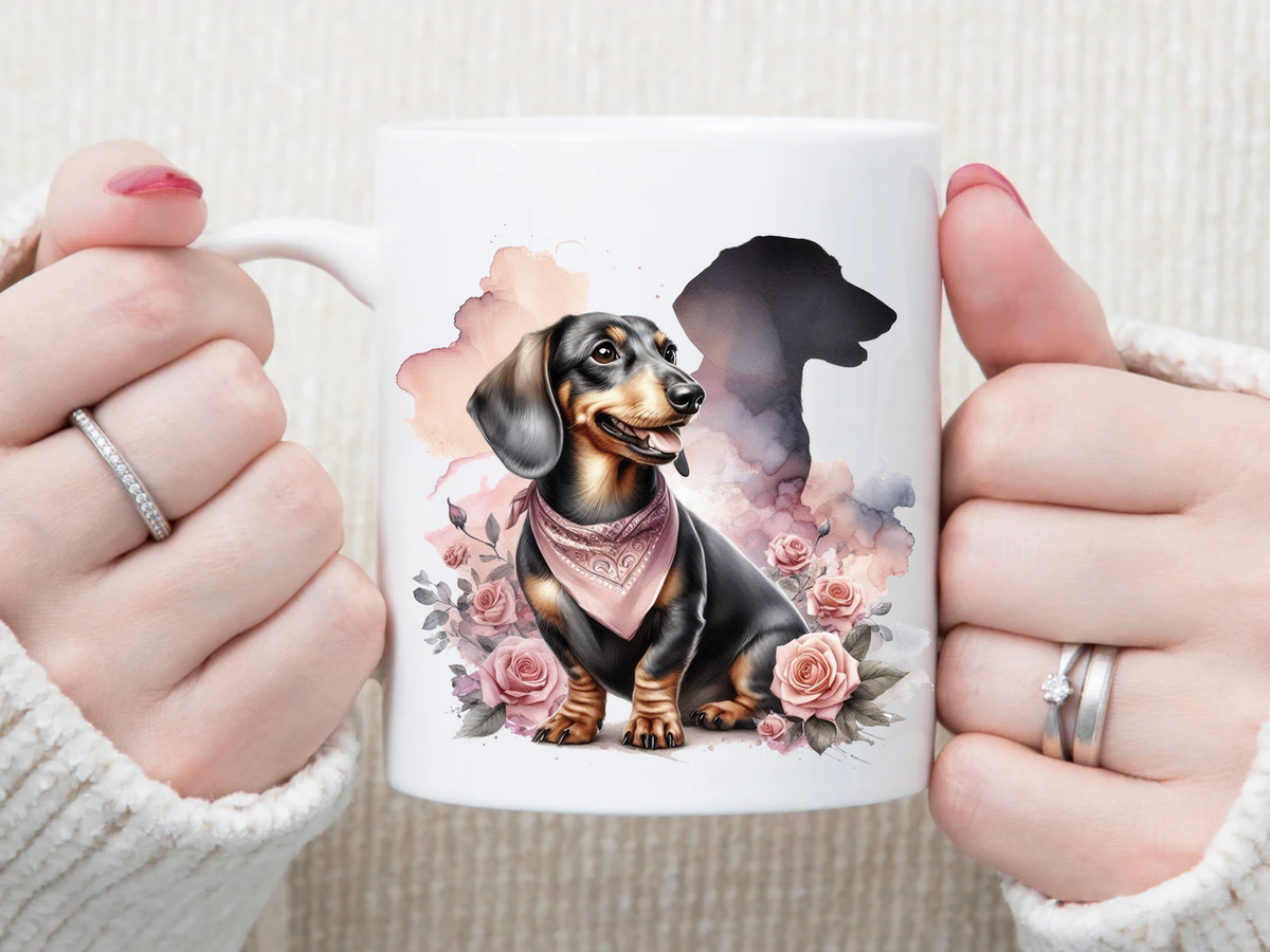 dachshund with pink roses 11 oz Mug 2Face Graphics