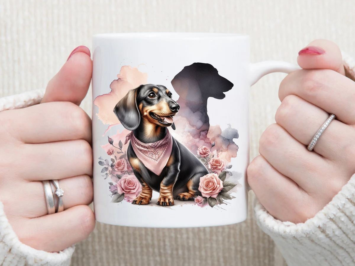 dachshund with pink roses 11 oz Mug 2Face Graphics